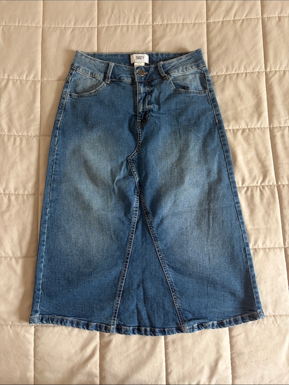 Suzy Shier Mid-Blue Denim Midi Skirt